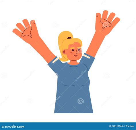 Caucasian Girl Raising Hands Semi Flat Color Vector Character Stock