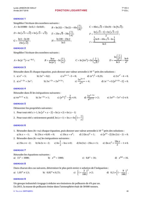 Fonction logarithme Exercices non corrigés AlloSchool