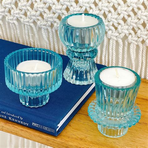 Vintage Ribbed Blue Glass Candlecandlestick Holders Set Of 6 Assort