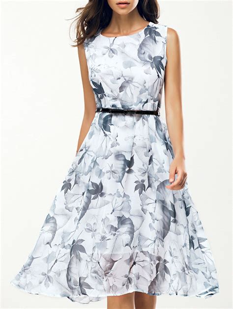 [16 Off] Jewel Neck Sleeveless Floral Print A Line Belted Dress Rosegal