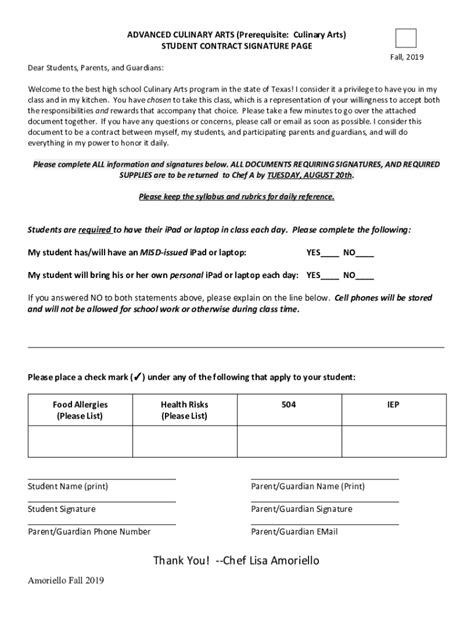 Fillable Online Culinary Arts Student Contract Signature Page Fax Email