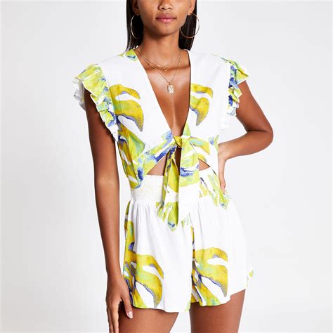 River Island Synthetic White Floral Tie Front Playsuit Lyst