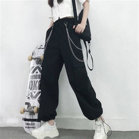 Black Cargo Pants Women Chain Wide Leg Hiphop Streetwear Women Pants