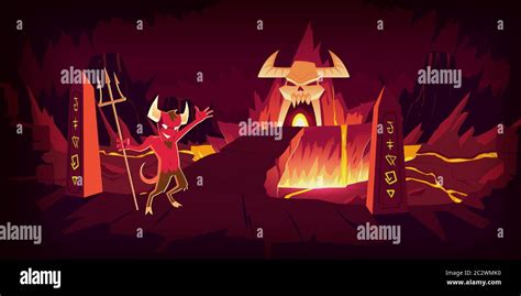 Hell Landscape Cartoon Vector Illustration Infernal Devil Stone Cave