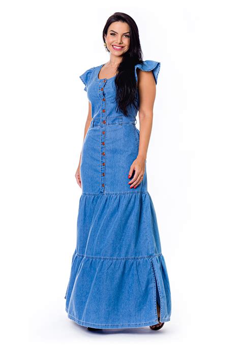 Vestido Jeans Longo Com Babados Restrito Jeans