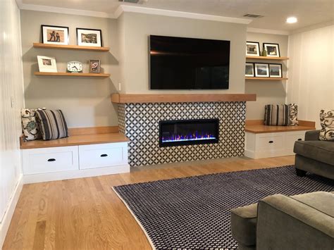 Fireplace Tile With New Benches And Floating Shelves Transitional