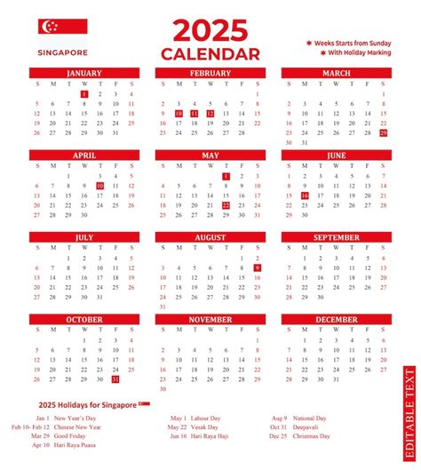 calendario anual de singapur   dias festivos nacionales vector