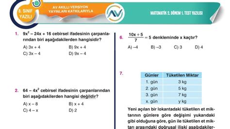 Sinif Av Yayinlari Yili D Nem Yazili Matemat K Soru