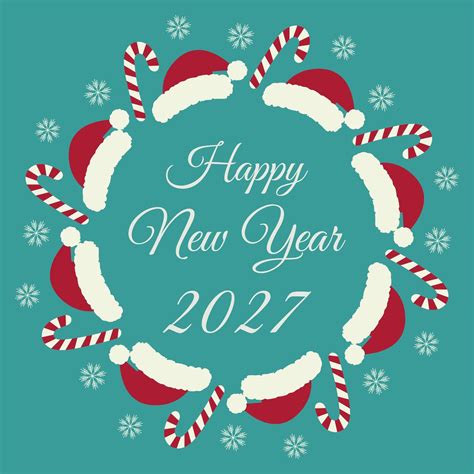 Happy New Year 2027 Freehand text, Santa hats, Candy cane and