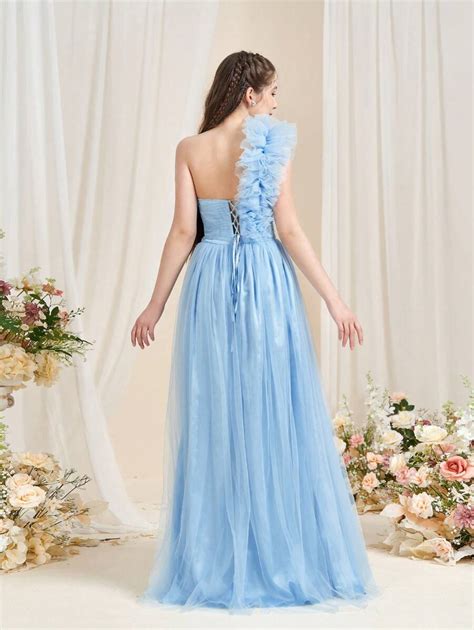 Teen Girl One Shoulder Ruffle Trimmed Tulle Prom Dress Shein Uk