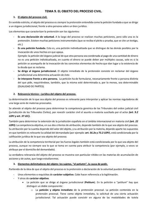 TEMA 9 EL Objeto DEL Proceso Civil Derecho Civil V URJC Studocu