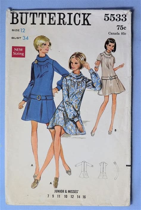 Butterick Misses Dress Pattern Vintage Mod Drop Waist Mini