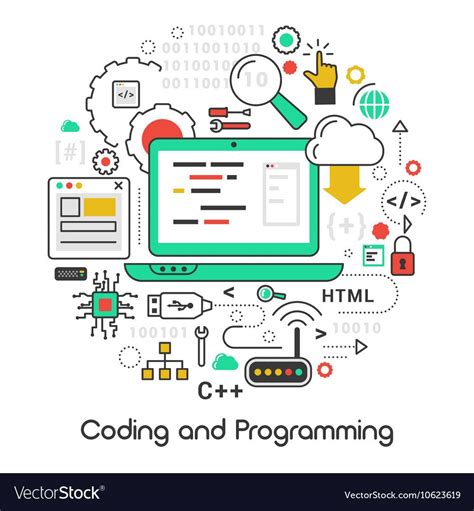 Coding And Programming Line Art Thin Vector Icons Set With Laptop And