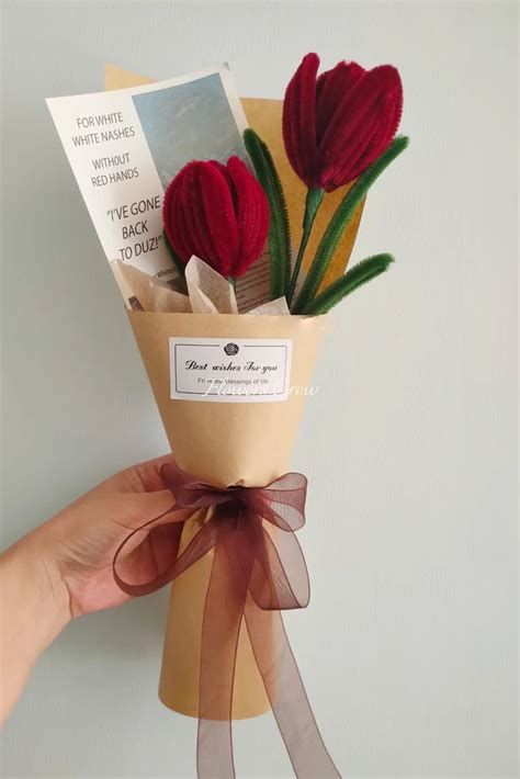 Red Tulip Bouquet With Two Pretty Pipe Cleaner Tulips Gift Idea For