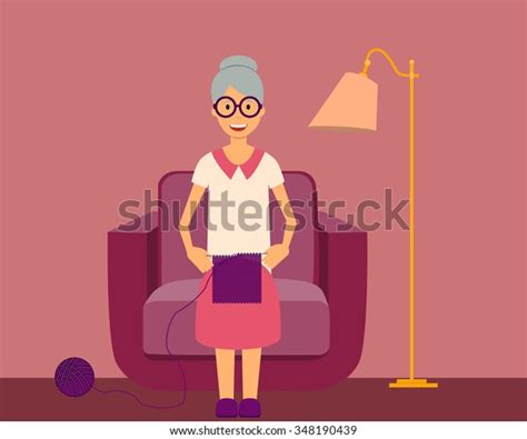 Happy Grandmother Knits Sitting Armchair Vector Stock Vector Royalty