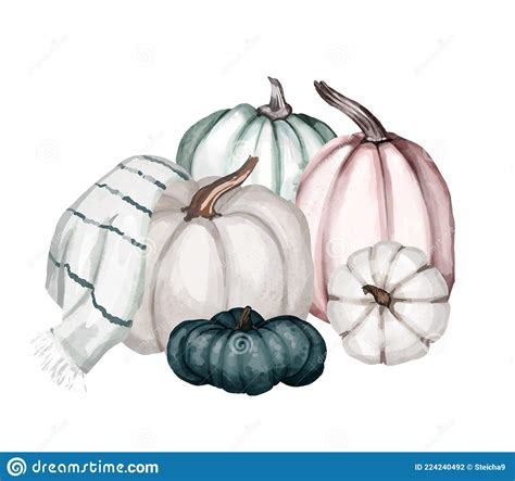 Watercolor Composition Of Colorful Pumpkins And Autumn Leaves