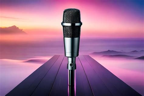 Premium Photo A Microphone On A Stand With A Purple Sunset In The