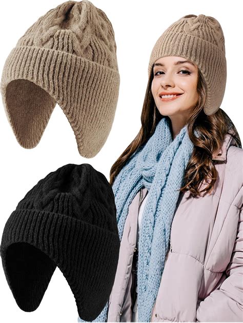 Giegxin 2 Pcs Hats With Ear Flaps Winter Knit Earflap Beanie Hat Warm Stocking Caps With Short