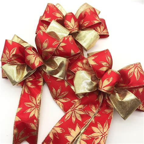 Christmas Red And Gold Decorative Bows Set Of Bows Gold Etsy