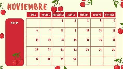 A Calendar With Cherries On It And The Words November Written In Large Letters