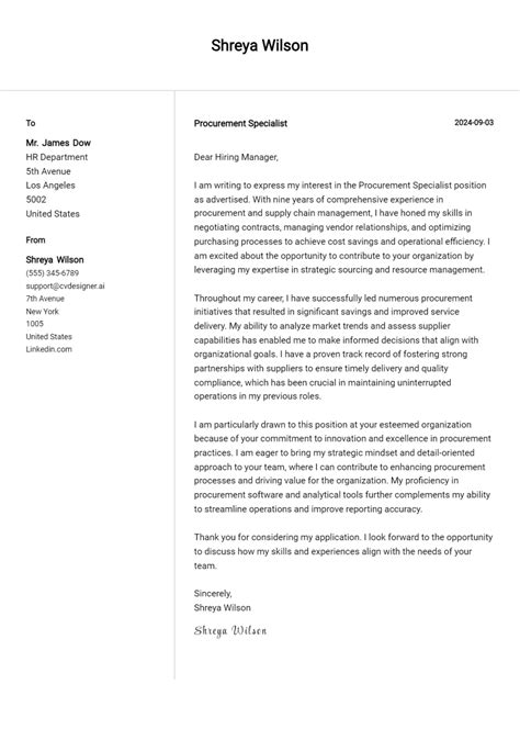 Procurement Specialist Cover Letter Example For 2024 Complete Writing Guide Cvdesigner Ai