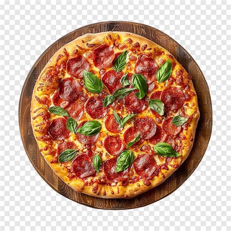 Pepperoni Pizza With Basil Leaves Isolated On A Transparent Background