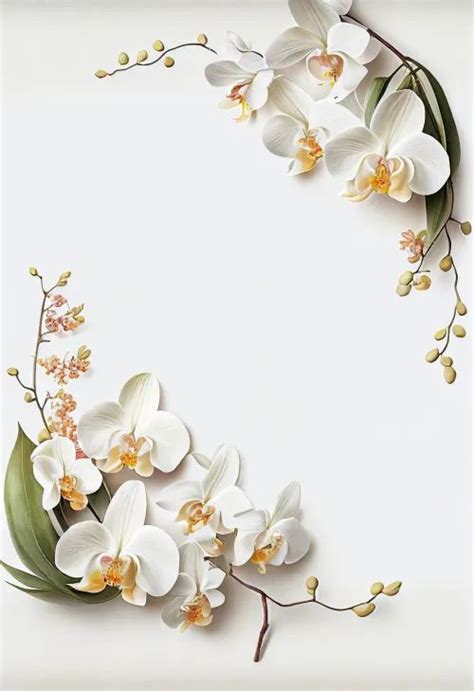 White Orchids And Green Leaves On A White Background With Space In The