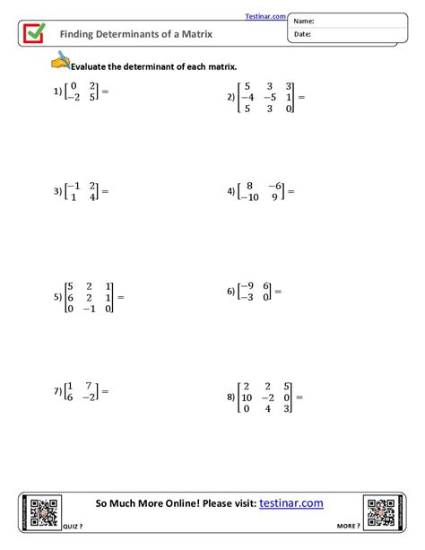 Finding Determinants Of A Matrix Worksheets