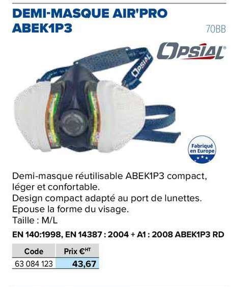 Offre Demi Masque Air Pro Wavec Filtres P3 Opsial Chez Prolians