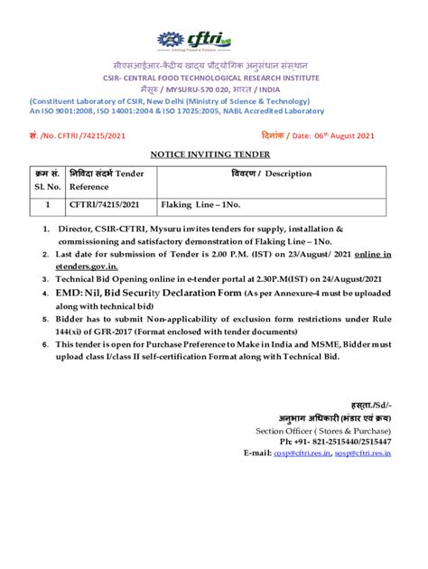 Fillable Online CSIR CENTRAL FOOD TECHNOLOGICAL RESEARCH Fax Email