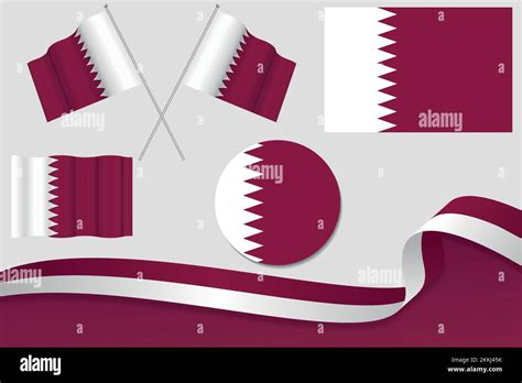 A Set Of Illustrated Qatar Flags In Different Shapes And Variations On