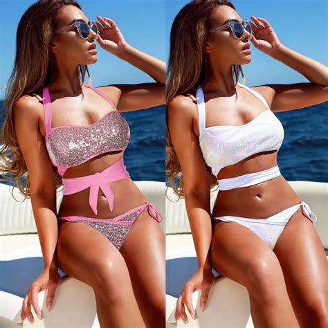 Women Beach Summer Solid Pink White Sequins Bikini Sets Two Pieces