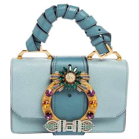 Miu Miu Two Tone Blue Leather Crystal Embellished Flap Top Handle Bag