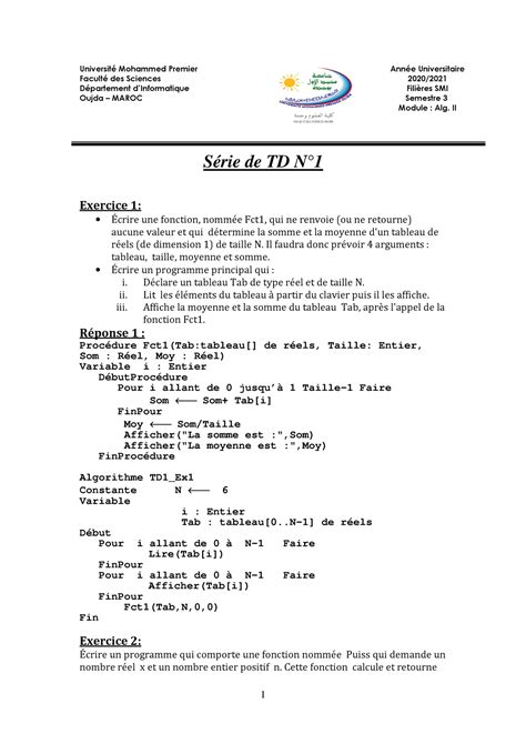 Algorithmique Correction TD Série 1 SMI S3 Studocu