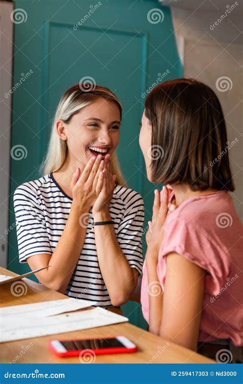 Portrait Of Two Beautiful Women Having Fun Together And Chatting In Cafe Stock Image Image Of