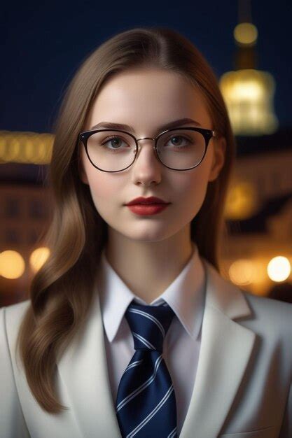 Premium Photo A Beautiful European Lady In Suit And Glasses Is Standing On The Street At Night