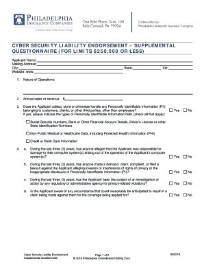 Fillable Online Cyber Security Liability Endorsement Supplemental Fax