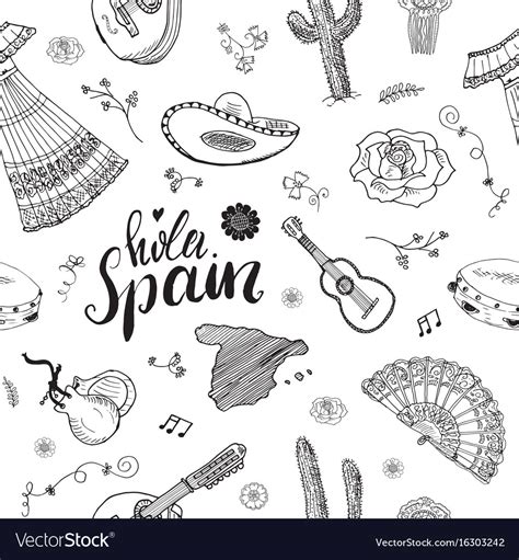 Spain Seamless Pattern Doodle Elements Hand Drawn Vector Image