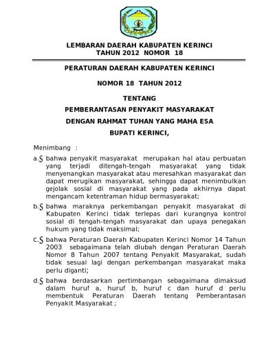 LEMBARAN DAERAH KABUPATEN KERINCI TAHUN 2012 NOMOR 18 PERATURAN DAERAH