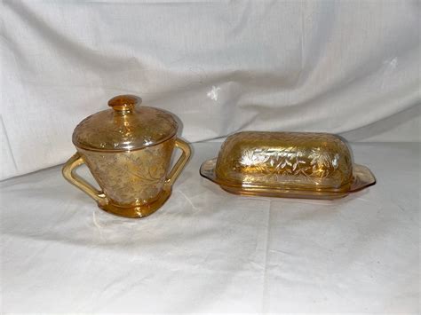 Jeanette Floragold Irridescent Depression Glass Covered Butter Dish