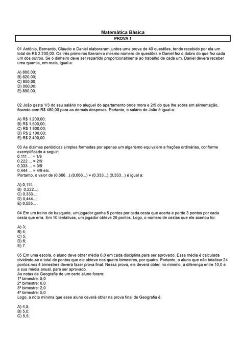 CDP Matem tica B sica Matemática Básica PROVA 1 01 Antônio