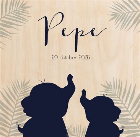 Geboortekaartje Silhouette Van Twee Olifanten Op Echt Hout Pepe