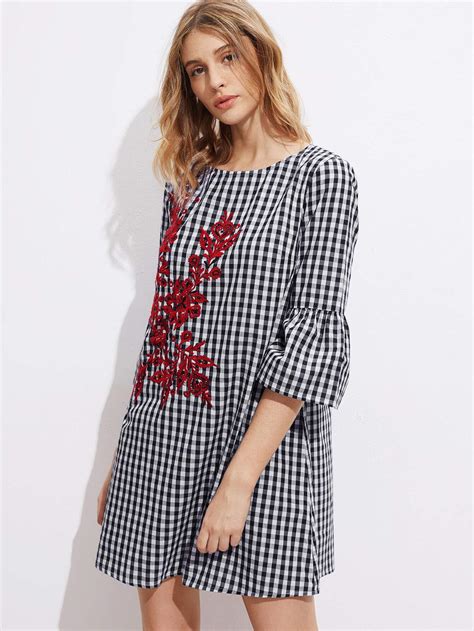 Fluted Sleeve Vine Embroidered Gingham Dress SheIn Sheinside