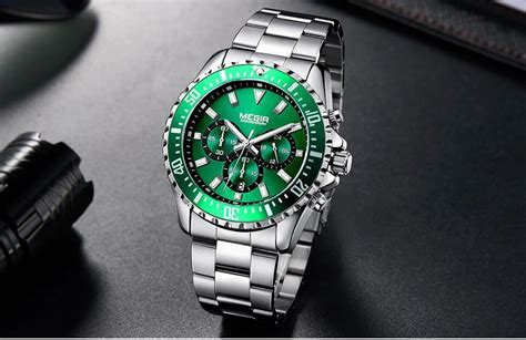 Megir M G Argent Vert Montre Quartz Avec Chronographe Analogique