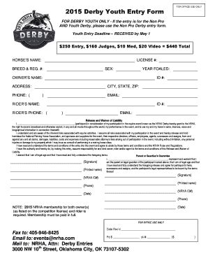 Fillable Online 2015 Derby Youth Entry Form FOR OFFICE USE ONLY FOR