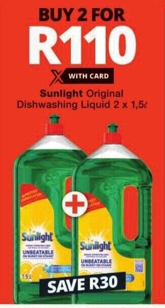 Sunlight Original Dishwashing Liquid 2 X 1 5L Offer At Checkers