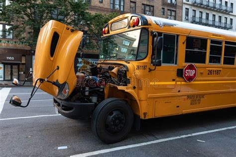 Broken Down Yellow School Bus On A New York City Street Editorial Photo