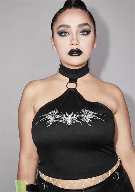 Plus Size Widow Tattoo Bat Mock Neck Halter Top Black Dolls Kill