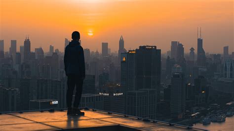 Wallpaper Roof Man City Sunset Buildings Overview Rooftop Sunset