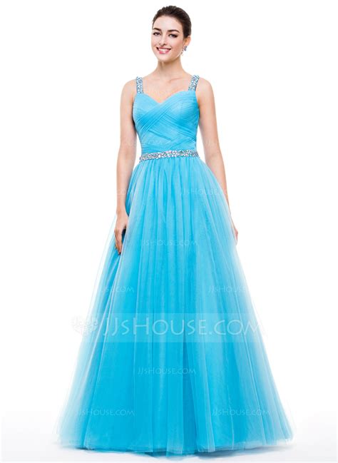 Ball Gown Sweetheart Floor Length Tulle Prom Dresses With Ruffle